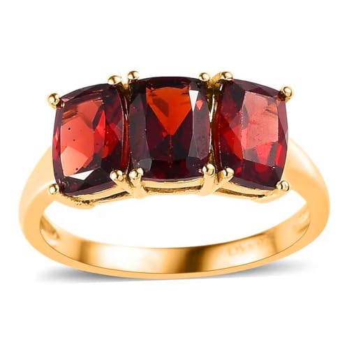 Shop LC 3 Stone Garnet Rings for Women in 925 Sterling Silver with 14K Gold Plating - January Birthstone Promise Engagement Ring Vintage Red Garnet Jewelry Birthday Gifts for Womens
