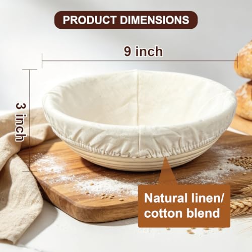 Image of 3 Pack Banneton Bread Proofing Basket, 9 Inch Round Sourdough Proofing Basket with Thick Liner, Splinter Free Food Grade Rattan Handwoven Bread Banneton for Home Baking
