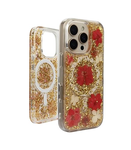 Image of Mag Flower Series Case for iPhone 16 Pro Compatible with Wireless Charging | Real Dried Flower Embedded Design | Slim Transparent Shockproof Back Cover | Red Edition