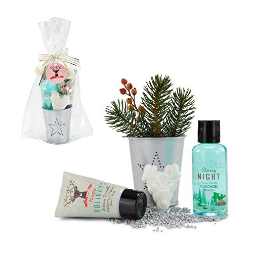 Römer Wellness Set regalo: Happy Holidays, 4 pezzi: gel doccia, lozione nutriente per il corpo + sapone da renna in tazza di metallo con punzonatura a stella, profumo: vaniglia calda e fiori di tiglio