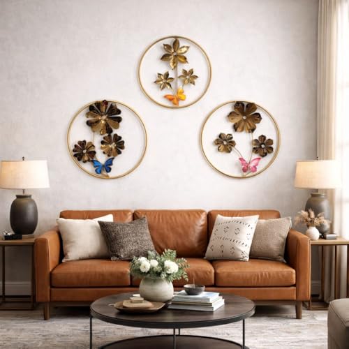 Image of SHREE 'O' GREEN TECH - Decorative Gold Metal Multicolor Butterfly Set of 3 Round Leaf Wall Hanging Art Frame Showpiece for Living Room, Drawing Room & Bedroom Decor (Size 19x19 Inch)