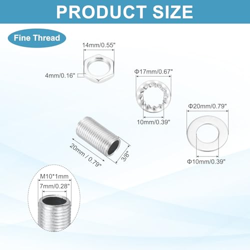 Image of MECCANIXITY 70Pcs 0.8 inch Lamp Pipe Nipples Kit with Hex Nuts Washers, M10 Fine Threaded Hollow Tube Repair Hardware Fasteners Assortment for Assembly Chandelier Ceiling Lamp DIY, Silver