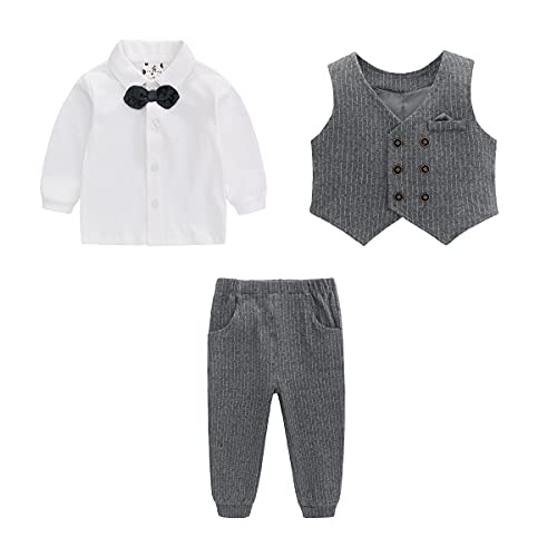 famuka Little Boy Suit Toddler Outfit Baby Gentleman Tuxedo Three-Piece Formal Shirt Set 1-5 Years (Stripes, 12-18 Months)