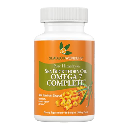 SEABUCKWONDERS Organic Sea Buckthorn Oil Omega-7 Complete 60 Softgels 30 Day Supply with Omega 3 6 & 9 Supports Hair Skin & Nails 100% Pure with Zero Filler Oil