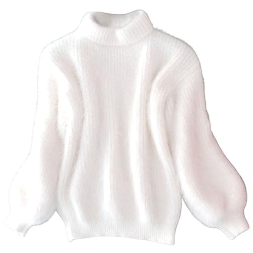 KEYULI Angora Cashmere Blend Loose Warm Sweater Casual Thick Fleece Turtleneck Sweater Crewneck Knit Pullover Sweater (White,One Size)