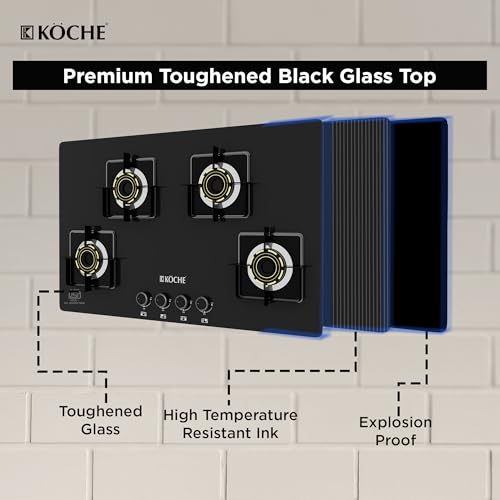 Image of KOCHE Ivan Hobtop 4 Burner gas stove | Multi-Pin Flame Designer Brass Burners, Auto Ignition, Premium Toughened Glass, High Thermal Efficiency, Ergonomic Control metal Knobs | 7-Year Warranty