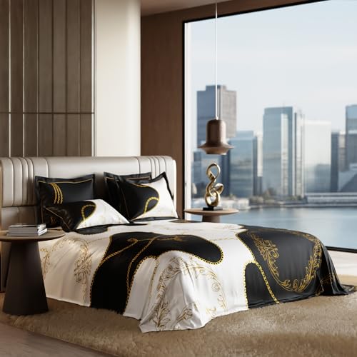 Image of Stoa Paris 300TC UltraSatin Super Size Bedsheet with 4 Pillow Covers, 274cm x 274cm Ideal for King & Double Bed, Gentle on Skin & Hair, Fade & Wrinkle Resistant, Quick Dry, Baroque - Cream-Gold