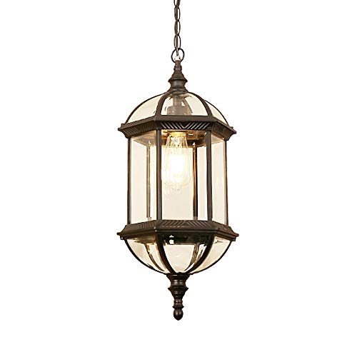 HWSY Lampada a sospensione da esterno Lanterna a gabbia di metallo del villaggio antico Lampada a sospensione da soffitto da giardino impermeabile E27 Lampadario regolabile in vetro di alluminio