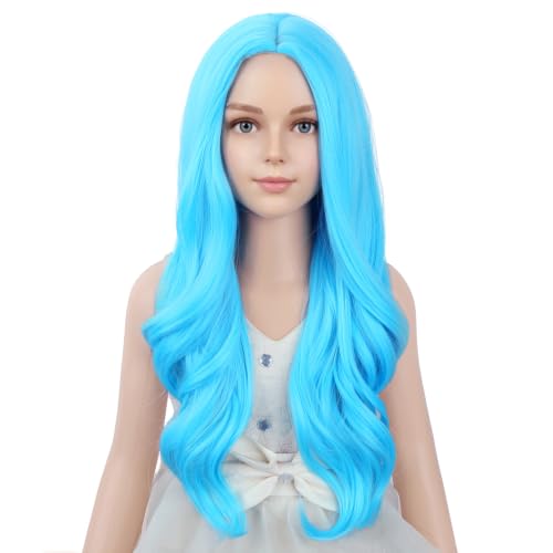 Image of PATTNIUM Light Blue Long Curly Wigs for Kids Girls Blue Middle Part Heat Resistant Synthetic Wigs Halloween Cosplay Costume Party Wig