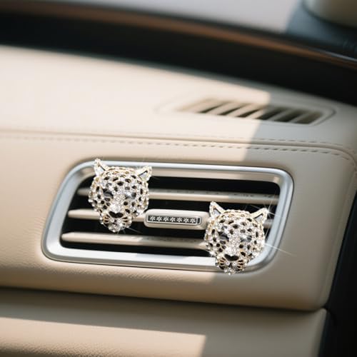 Image of Mandark Bling Leopard Car Air Vent Clip, 2PCS Crystal Rhinestone Vehicle Air Outlet Cheetah Print Decoration, Automotive Interior Ornament Accessories, Universal for SUV Sedan Truck (Gold)