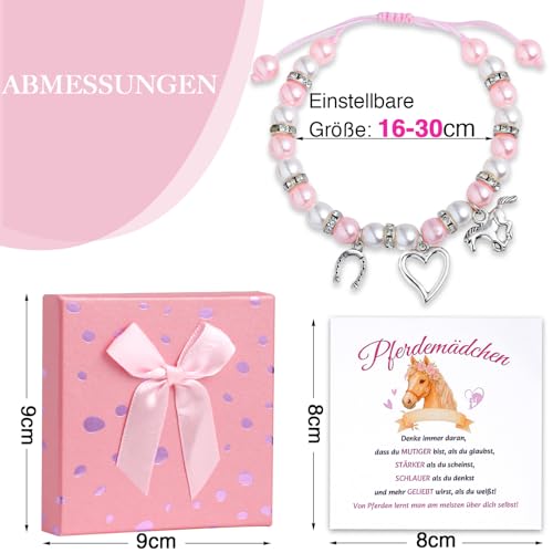 Pferde Geschenk für Mädchen - Verstellbares Glücksarmband mit Hufeisen, Herz und Rosa Perlen | mit Namensschreibbarer Glückwunschkarte & Geschenkbox | Ideal für Kommunion, Geburtstag und Schulanfang
