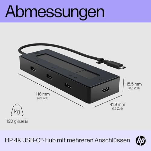 HP - PC Hub multiport 4K USB-C, câble Tout-en-Un, Puissance jusqu'à 65 W, 4 Ports USB-C avec Vitesse jusqu'à 10 Gbps, Compatible avec Windows 10, Windows 11, WoA, ChromeOS, Android, MacOS, iPadOS,