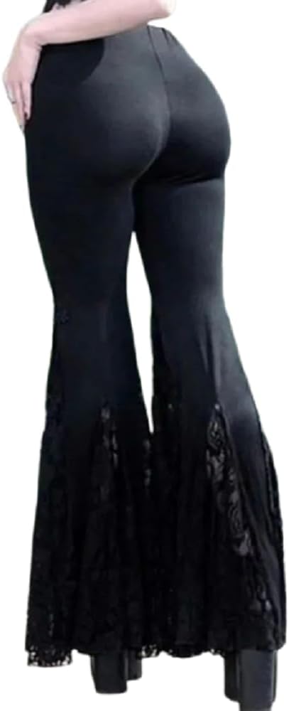 Women's Gothic Lace Flared Pants Wide Leg Palazzo Pants High Waist Mesh Bell Bottom Trousers for Party Festival Dance - Image 3
