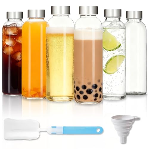 MEETOZ Glass Water Bottles with Lids 6 Pack 500ml Reusable Juice Bottles With Airtight Leakproof Metal Lids Drinking Bottle for Sauce jar Milk Juice Work Gym Cleaning Brush and Funnel