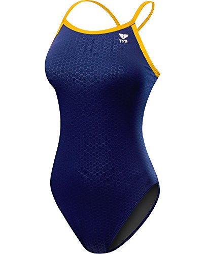 TYR Girls’ Hexa Diamondfit Swimsuit, Navy/Gold, 24