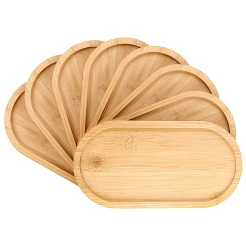 WOPPLXY 8 bandejas de madera pequeñas, 19,5 x 9,5 x 1 cm, bandeja de bambú Elipse para desayuno, café, pan, té, pasteles, toallas y accesorios de ducha
