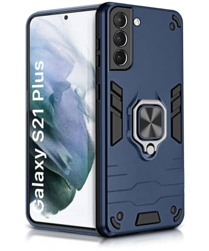 Image of WOW IMAGINE Shock Proof Back Case Mobile Cover for Samsung Galaxy S21 Plus (Armor | Hybrid PC + TPU | Full Protection with Ring Holder Kickstand | Blue)