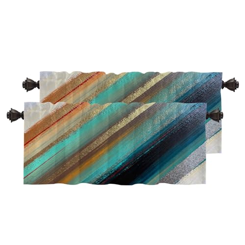 BaoNews Solid Dark Watercolor Blackout Kitchen Curtain, Blue Acryl Abstract Green Artist Artistic Black Window Treatment Rod Pocket Light Filtering Bathroom Short Valance 2 Pack 52X18 Inches