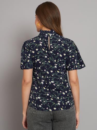Image of THE DRY STATE Women's Rayon Casual Puff Sleeves Printed Multicolor Crop Top (S, Autumn Glory)