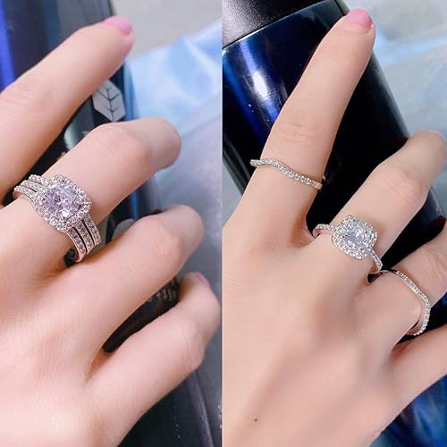18K White Gold Plated Rings for Women - 7/8/9# Cz Three-In-One Halo Wedding Engagement Promise Eternity Ring, Personalized Hypoallergenic Non Tarnish Rings, Christmas Birthday Gifts Trendy Jewelry2
