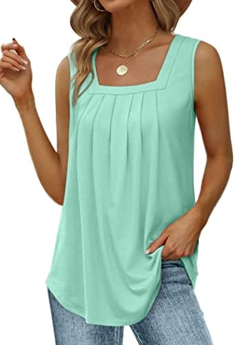 Saloogoe Summer Tank Tops for Women Loose Fit Pleated Square Neck Sleeveless Tops Curved Hem Flowy