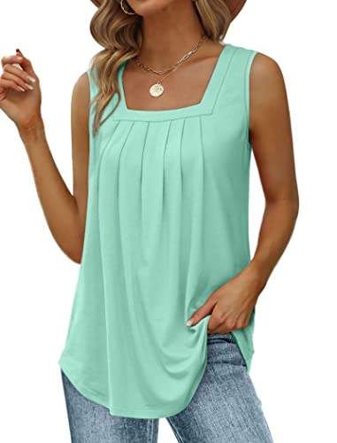 Image of Saloogoe Summer Tank Tops for Women Loose Fit Pleated Square Neck Sleeveless Tops Curved Hem Flowy