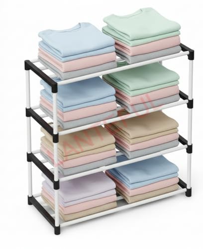 Image of 4 Tier Plastic Shelf Organizer for Wardrobe, Adjustable Almirah Divider for Clothes Storage, Multipurpose Cupboard Rack,Multi use Bookshelf,Collapsible Wardrobe,Kids Rack Cabinet Children stand