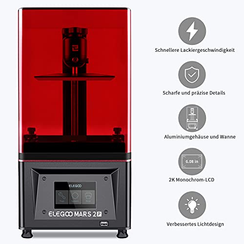 ELEGOO Mars 2 Pro Mono MSLA 3D Drucker, 6 Zoll 2K LCD UV-lichthärtender Resin 3D Drucker mit schnelle Druckgeschwindigkeit und Druckgröße 129x80 x160mm/5,1x3,1x6,3 Zoll - 2