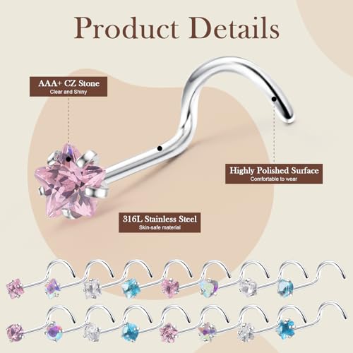 CrazyPiercing 20G Colorful Rhinestone Steel Screw Nose Rings Studs Bar Pin Piercing Jewelry3