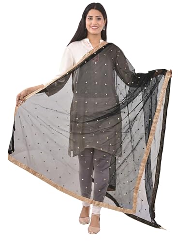 Image of YOUTHQUAKE Women's Net Embroidered Full Size Dupatta With 4 Side Golden Lace