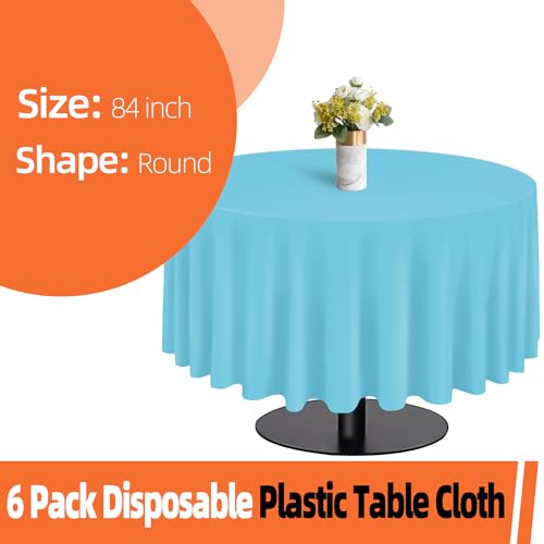 Image of tujol Light Blue 6 Pack Plastic Table Cloth 84 inch, Disposable Round Tablecloth Table Cover, Plastic Tablecloths for Parties