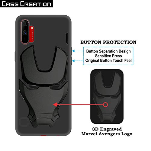 Image of COVERLY Official 3D Touch Feel Trending Avengers Logo Mask Soft Rugged Grip Silicone Iron Man Super Power Cartoon Movie Engraved Silicone Matte Back Cover for Realme C3 (6.53 inch) - Black
