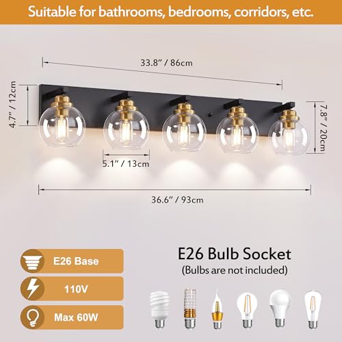 Image of LmnLvn Bathroom Light Fixtures, Farmhouse Black & Gold Metal with Globe