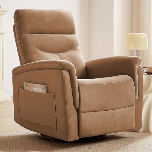 Image of ONBRILL Recliner Chair, 360 Swivel Rocker Recliner Chair for Adults, Glider Rocker Recliners, Nursery Living Room Chairs, Recliner Rocking Chair with High Back, Velvet Deep Seat for Bedroom, Camel