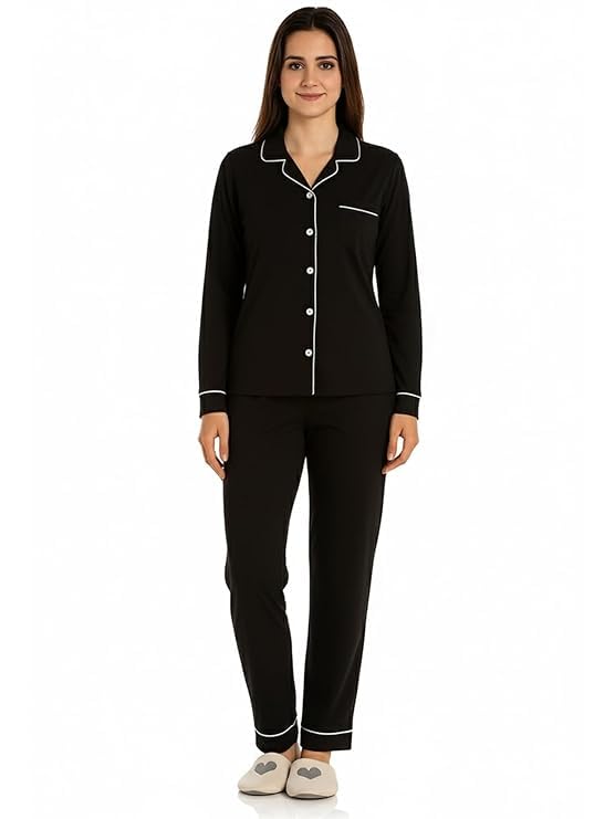 Women's Cotton Blend Night Suit -Pajama Set with White Piping |Sleepwear Loungewear for Women | Summer Nightwear-image-22