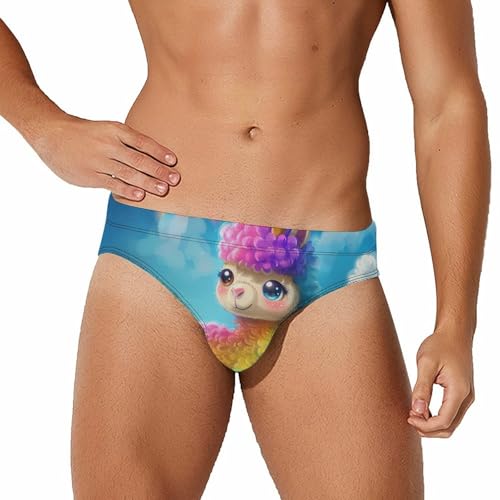 Cute Rainbow Alpaca Unicorn Mens Swim Briefs Bikini Swimwear Print Beach Shorts Sexy Swimsuit S