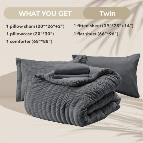 Image of HYMOKEGE Twin Comforter Set Seersucker 5 Pieces, All Season Luxury Bed in a Bag for Bedroom, Bedding Set with Comforters, Sheets, Pillowcase & Sham, Dark Grey