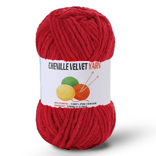 Fluffy Chenille Yarn for Crocheting Chunky Velvet Yarn for Crochet Amigurumi Used for Making Baby Yarns Blanket Clothes Pattern Knitting Creations (1-Red)