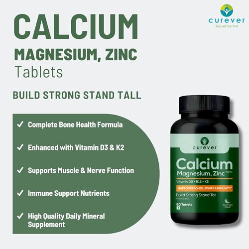 Image of Curever Calcium Magnesium Zinc Tablets with Vitamin D3, B12 & K2 | Bone Strength, Muscle Function & Immunity Support | Mineral Supplement | 60 Tablets