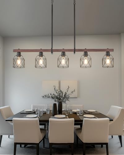 Rjieoc 5-Light Industrial Kitchen Island Lighting with Wood Grain Bar and Black Metal Cage, Farmhouse Rustic Hanging Ceiling Lamp for Dining Room, Living Room - image 3