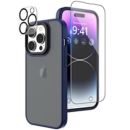 Coque iPhone 14 Pro mate avec protection écran intégrale et cache objectif bleu de 6,1 pouces