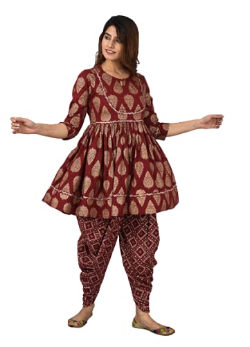Image of H&N Women's Cotton Blend Casual Printed A-Line Kediya Kurti Top With Dhoti Set