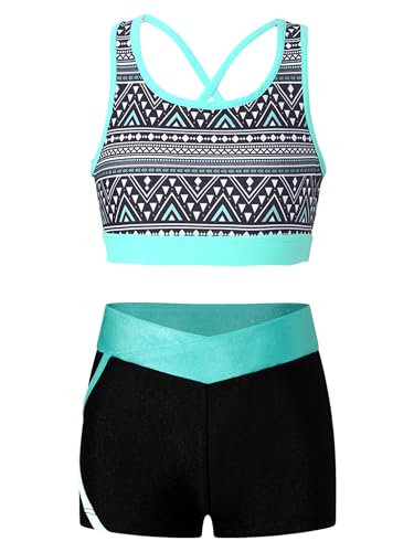 Kids Girls Dance Gymnastic Outfit Sleeveless U Neck Crop Top With Shorts Set Sport Training Dancewear Geometric Black 14 Years