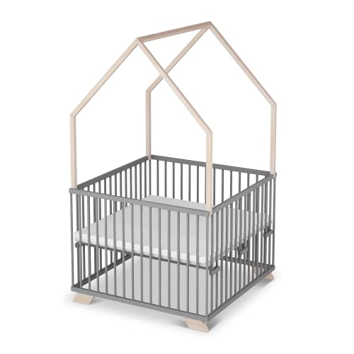 Sämann Laufgitter EXCLUSIVE 100x100 cm mit Matratze - Hausbett & Babybett - stufenlos höhenverstellbar Laufstall Baby Buche grau