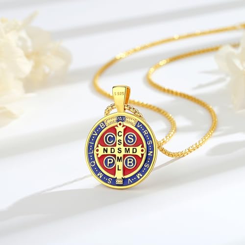 EUDORA 925 Sterling Silver St Benedict/St Michael/St Christopher/Archangel Raphael Gabriel Metatron/Virgin Mary/St Joseph/St Anthony Crucifix Pendant Bible Verse Prayer Necklace Jewelry for Men Women3