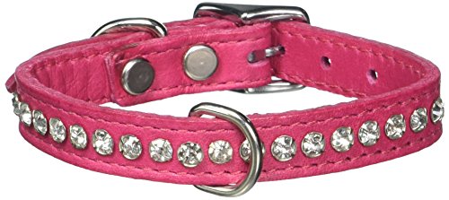 Image of Signature Leather Crystal Dog Collar, Raspberry Solid Grain Leather, Fits 7.5 inch-9.5 inch Neck Size, 12 inch Overall Length
