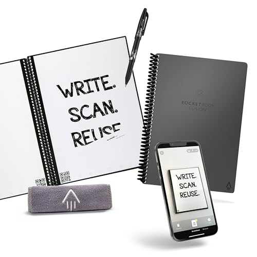 Rocketbook Fusion Reutilizable Agenda y Cuaderno Conectados Digitalmente con Bolígrafo, Paño y Aplicación, Gris, 7 Estilos de Página, Tamaño A5 15 cm x 22,4 cm, 42 Páginas