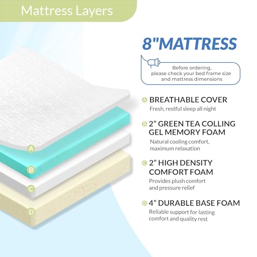 NEO SLEEP 8 Inch Full Green Tea Cooling Memory Foam Mattress Medium Firm CertiPUR-US Certified Mattress in a Box Pressure Relief Removable Cover No Fiberglass (Full, 8 in) - Thumbnail 4
