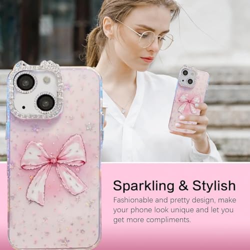 Image of mobistyle Designed for iPhone 14 Plus,Cute Sparkling Bow Pattern Camera Protection Back Cover Case for Women Girls | iPhone 14 Plus,Pink |