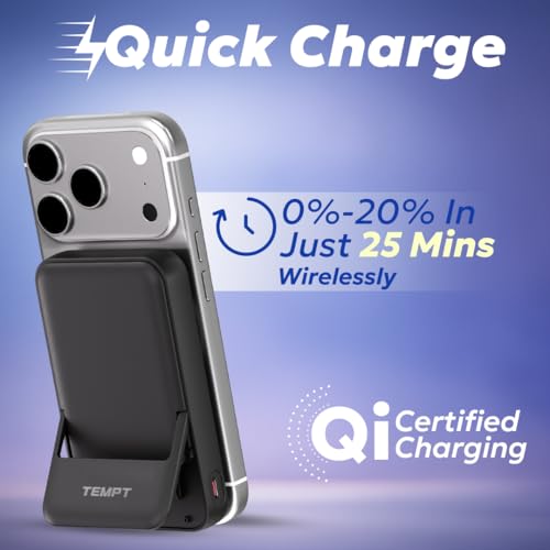 Image of Tempt Flair 10000mAh MagSafe Power Bank with 22.5W Fast Charging, Black | Built-in Kickstand, 4-LED Indicator, Dual Output Ports, 15W Wireless Support, Smart Safety Protection, Travel-Friendly Design